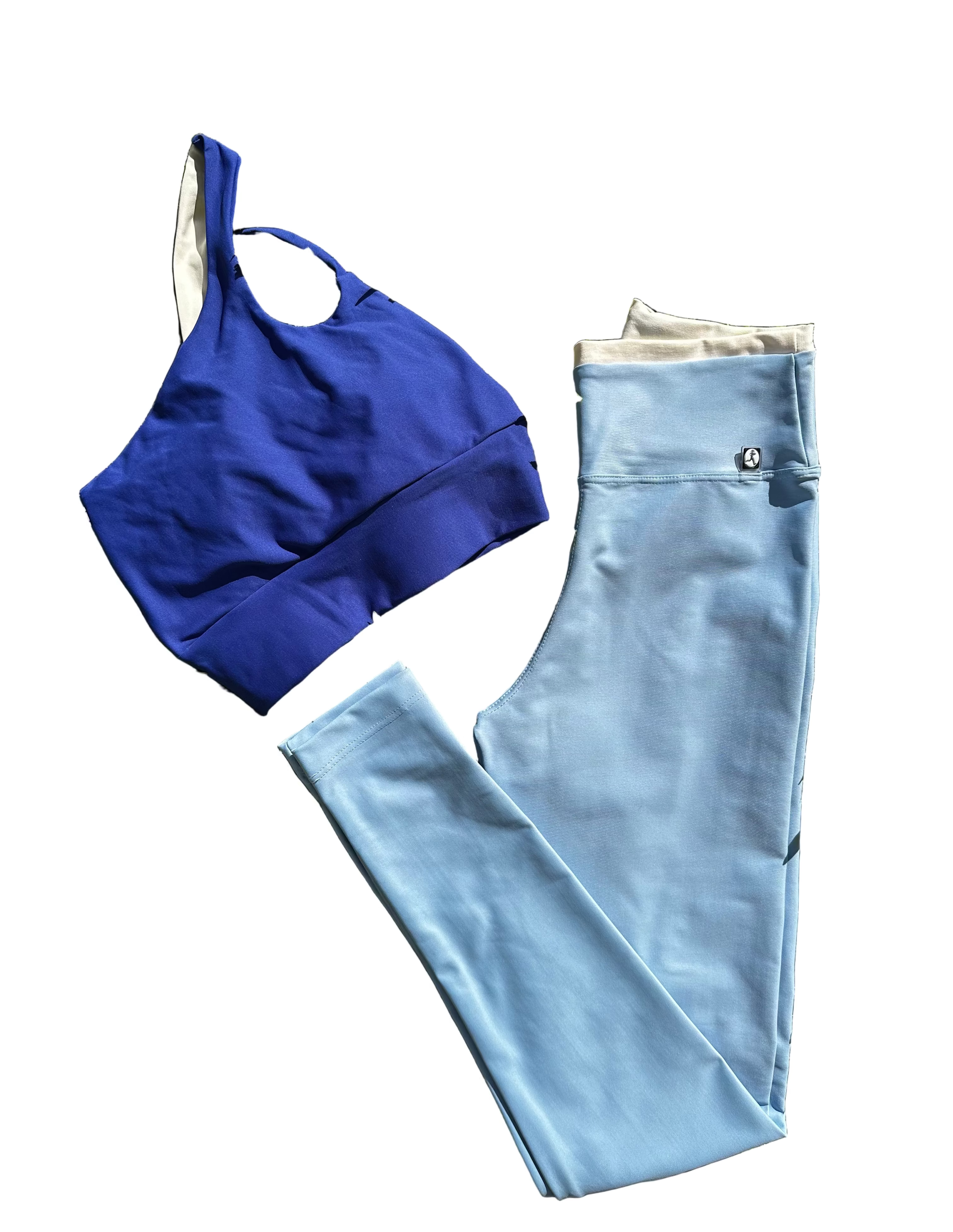 Legging cós duplo azul e off-white